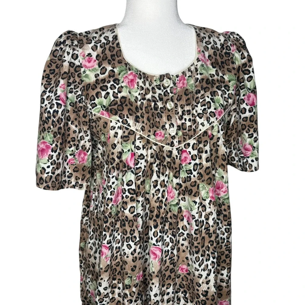 1980s Vintage Barbizon S Animal Print Floral Nightgown Muumuu House Dress Cotton